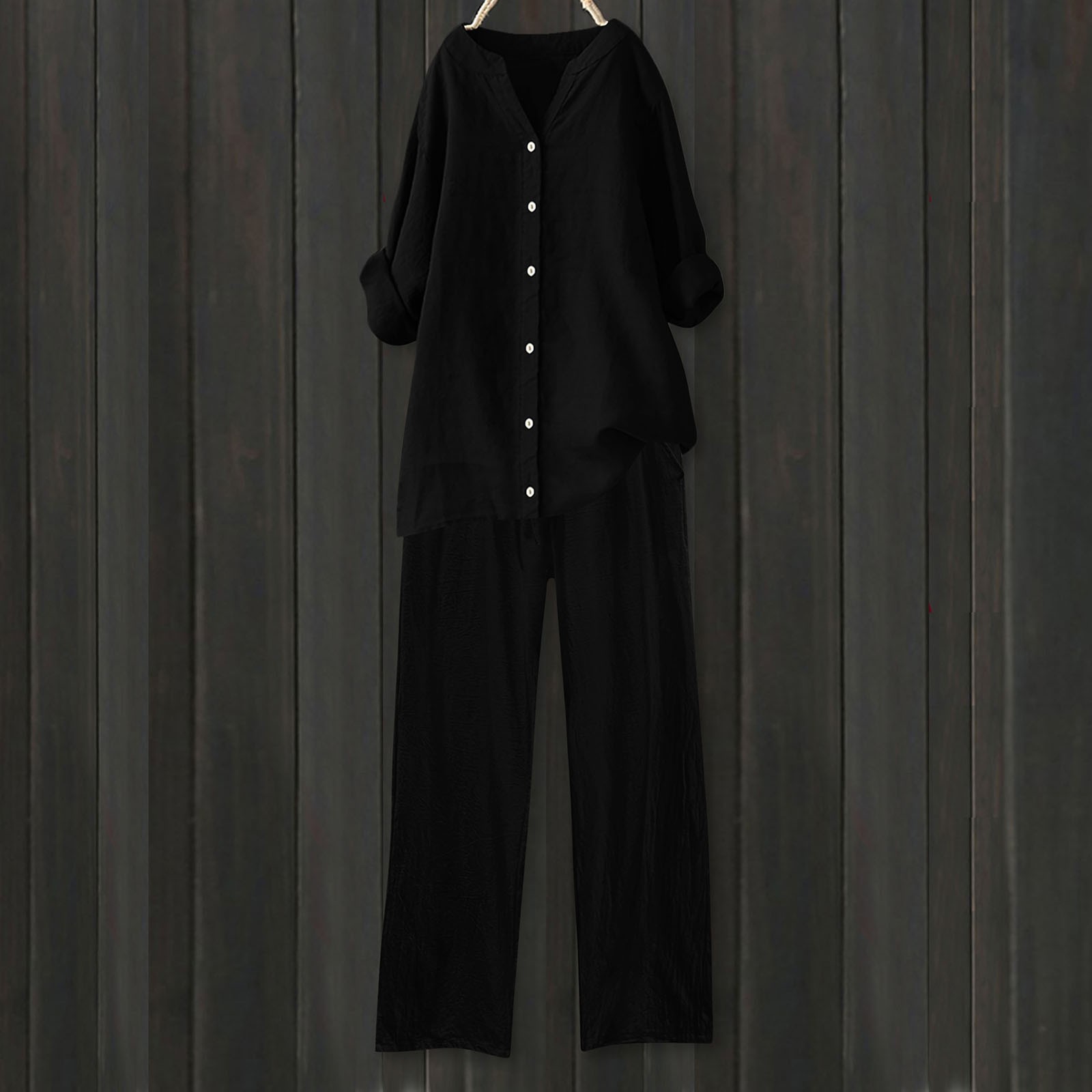 thumbnail image 2 of Conjuntos de 2 piezas para mujer: conjunto de blusa ancha y pantalones elásticos, camisa informal con cuello en V y pantalones para llevar en la calle o en la playa, poliéster, corte holgado, talla, 2 of 4
